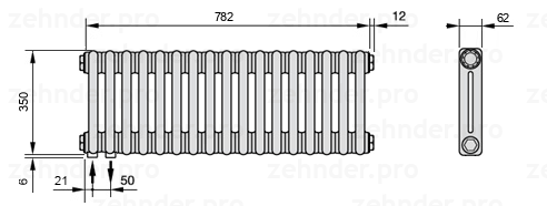 Схема (чертеж) Радиатор Zehnder Charleston 2035/17 №3370 Белый глянцевый RAL 9016